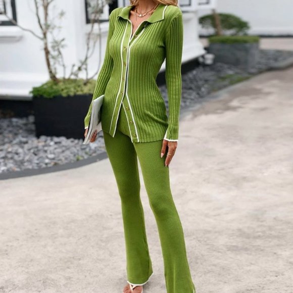 Striped Trim Single Breasted Rib-knit Cardigan & Knit Pants Green Coord set - Picture 4 of 5